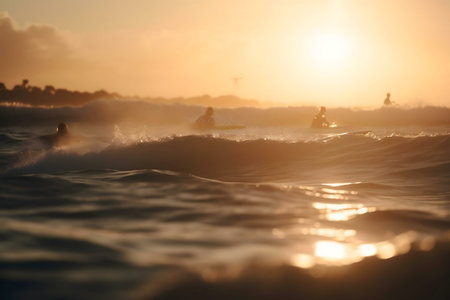 Surfers silhouetted against a vibrant sunset, riding waves during golden hour.の写真素材