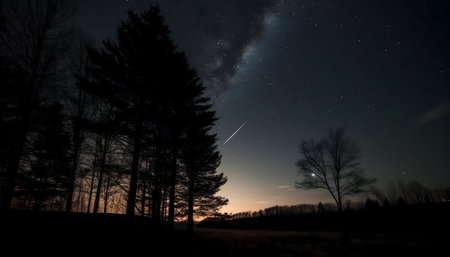 Stunning night sky with Milky Way, shooting star, and trees