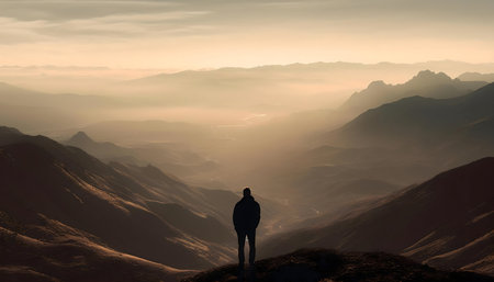 Silhouette of a man on mountain top overlooking a vast valley at sunset.の写真素材