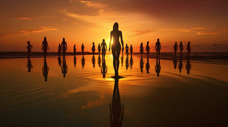 Silhouetted women walking towards the ocean during a vibrant sunset. The calm water reflects their...