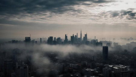 A misty city skyline at dawn. Dark buildings rising from the fog.