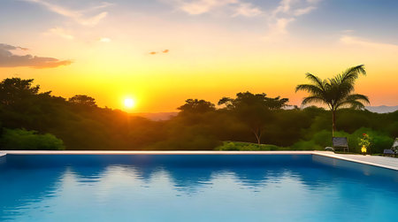 Stunning sunset view from a luxurious pool. Peaceful evening.の写真素材