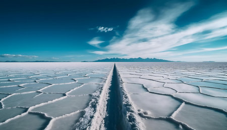 Stunning panoramic view of Salar de Uyuni, Bolivia. Vast salt flat under a blue sky.の写真素材