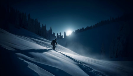 Lone ski on snowy mountain at night. Serenity