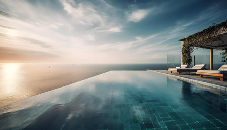 Stunning infinity pool overlooking a serene ocean sunset. Luxury resort vibes.の写真素材