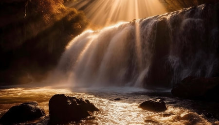 A breathtaking waterfall illuminated by the golden rays of the setting sun. Serene and peaceful nature.の写真素材