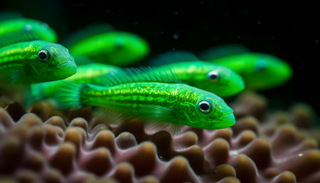 Green fish swimming near coral reefの写真素材