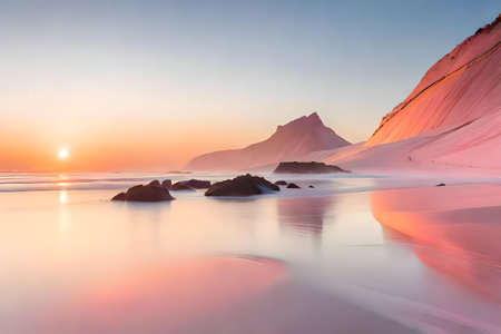 Peaceful sunset over a pink sandy beach with calm water reflecting the vibrant colors of the sky and mountains.の写真素材