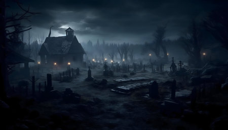 A dark and mysterious graveyard at night, with an old church and tombstones.の写真素材