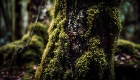 Close-up of a tree trunk heavily covered with vibrant green moss in a dimly lit forest.の写真素材