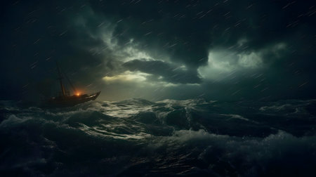 A lone ship fights a raging storm at night. Dark clouds, heavy rain, and massive waves create a dramatic scene.の写真素材