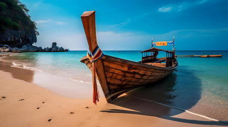 A traditional wooden longtail boat rests on a pristine beach, turquoise waters reflecting the sunny sky. Peaceful scene.の写真素材