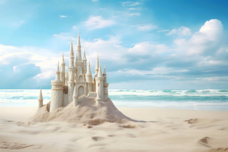 A magnificent sandcastle stands proudly on a sunny beach, against the backdrop of a calm ocean and blue sky. Summer dream.の写真素材