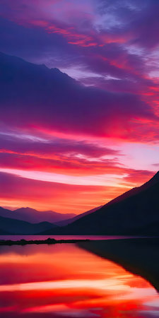 Stunning sunset reflecting in a calm lake, majestic mountains in the background.の写真素材