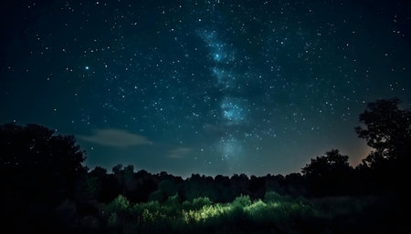 Stunning night sky view. Milky Way shines brightly above the dark silhouettes of trees