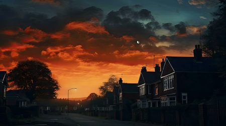 A breathtaking sunset casts an fiery glow over a quiet residential street.の写真素材
