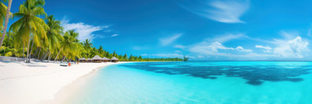 Stunning tropical beach with palm trees, turquoise water, and white sand.の写真素材