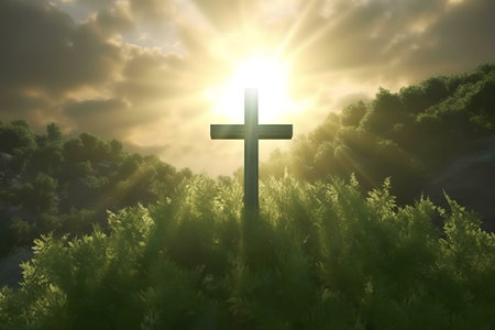 Cross at sunrise in green hillsの写真素材