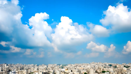 A sprawling city seen from above, bathed in sunlight under a dramatic sky filled with fluffy white clouds.の写真素材