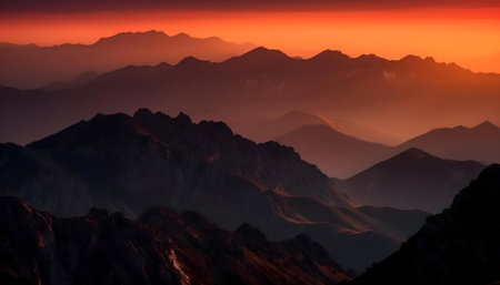 Stunning sunset paints the mountain peaks with fiery hues.の写真素材