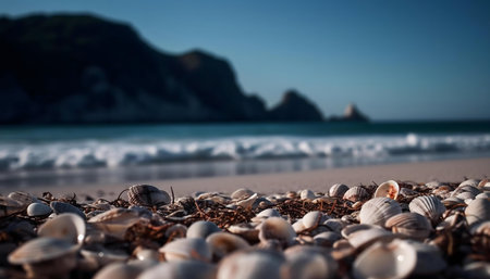 Seashells scattered on sandy beach. Calm ocean waves and distant cliffs.の写真素材