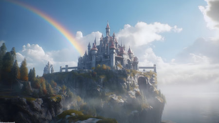 A majestic castle sits atop a misty cliff, a vibrant rainbow arching in the sky. Fantasy, serene.の写真素材