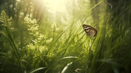 A butterfly rests gently in tall green grass, bathed in warm sunlight. Peaceful nature scene.の写真素材