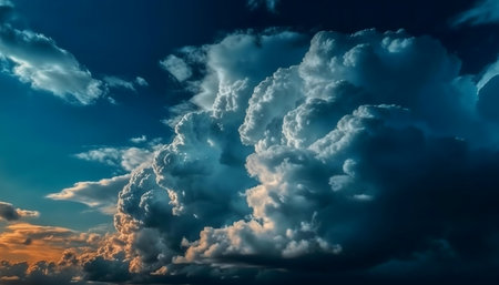 A breathtaking view of cumulonimbus clouds during sunset. Dramatic colors and textures fill the sky.