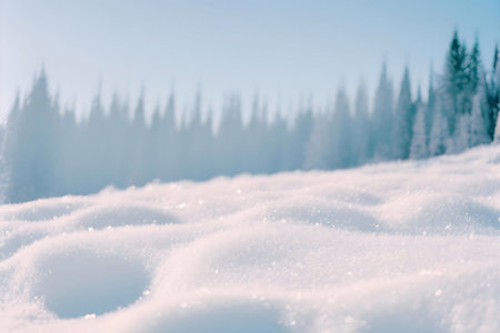 Serene winter scene. Snow-covered ground, distant forest.の写真素材