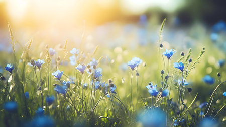 Stunning blue flowers bathed in warm sunlight. A serene and peaceful meadow scene.の写真素材