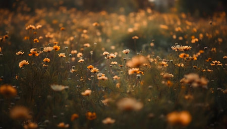 A field of orange wildflowers bathed in the warm glow of the setting sun.の写真素材