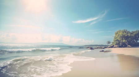 Stunning beach view, tranquil ocean waves gently lapping the sandy shore.