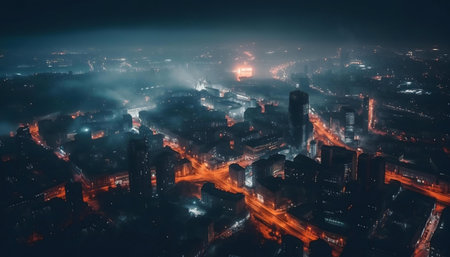 An aerial night shot of a city shrouded in fog, with bright lights illuminating the urban landscape.の写真素材