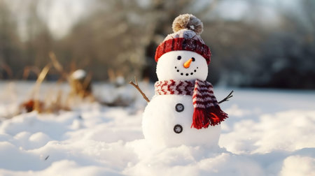 Charming snowman in snowy landscape wearing red hat and scarf.