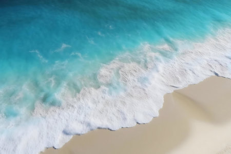 Stunning aerial view of turquoise waves breaking on a white sand beach. Serenity and peace.の写真素材
