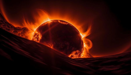 A fiery sun dominates a dark landscape, intense energy and heat.の写真素材