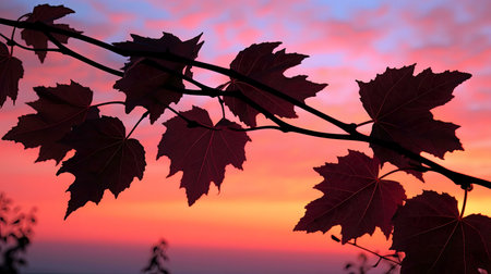 Silhouetted maple leaves against a vibrant sunset sky.の写真素材