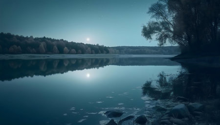 Tranquil moonlit lake reflecting trees and sky.の写真素材