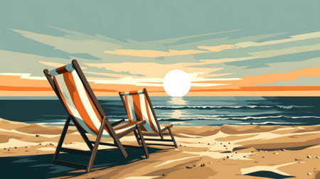 Two deck chairs on sandy beach, watching beautiful sunset over the ocean. Peaceful summer evening.の写真素材