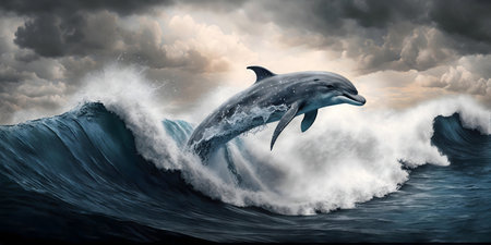 A dolphin gracefully leaps through powerful ocean waves under a dramatic, stormy sky.