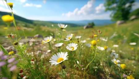 Daisies and wildflowers bloom in a vibrant mountain meadow, bathed in sunlightの写真素材