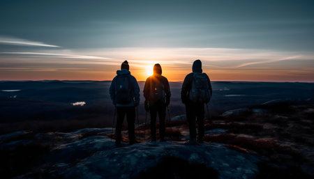 Three hikers admires a breathtaking sunrise from a mountain peak.