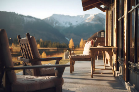 Relaxing chairs on a wooden deck, overlooking breathtaking mountains during a serene autumn sunset.の写真素材
