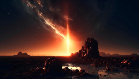 Fiery alien sunset with a cosmic beam.の写真素材