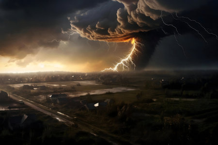 A powerful thunderstorm above a small village. Lightning strikes amidst dark clouds.