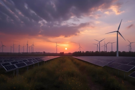 Stunning sunset over a field of solar panels and wind turbines. Renewable energy landscape.