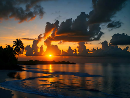 Stunning sunset over a tropical beach. Palm trees silhouette against fiery sky.