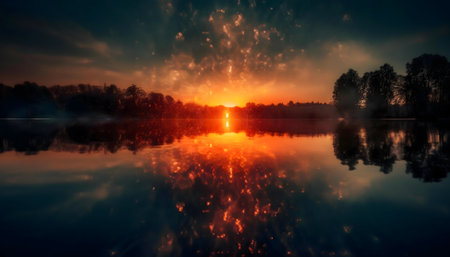Stunning sunset reflected in a calm lake, creating a mirror image of fiery sky and dark trees.の写真素材