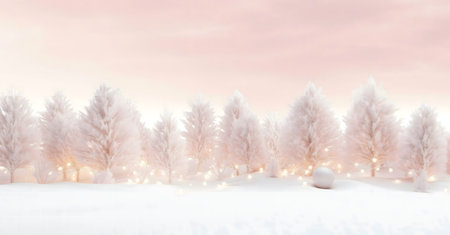 A magical winter scene with snow-covered trees, fairy lights, and a soft pink sky. Perfect for holiday cards.の写真素材