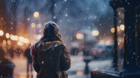 A woman enjoys a snowy winter evening in a cityの写真素材